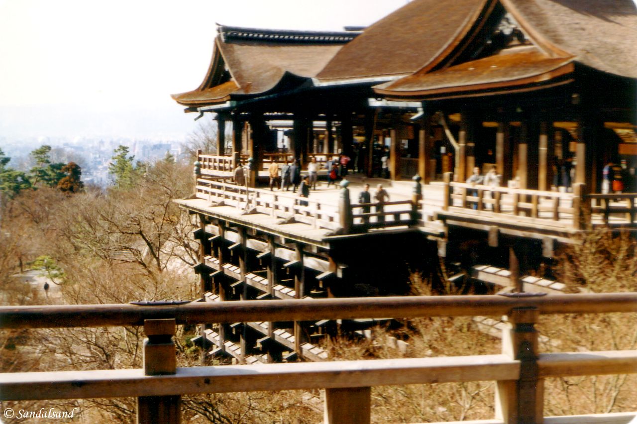 Kiyomizu Buddhist temple in Kyoto. This temple is built on pillars and has a wooden floor creaking when you step on it, enabling the guards to hear any unwanted intruders. Japan - Kyoto - Kiyomizu Buddhist temple complex