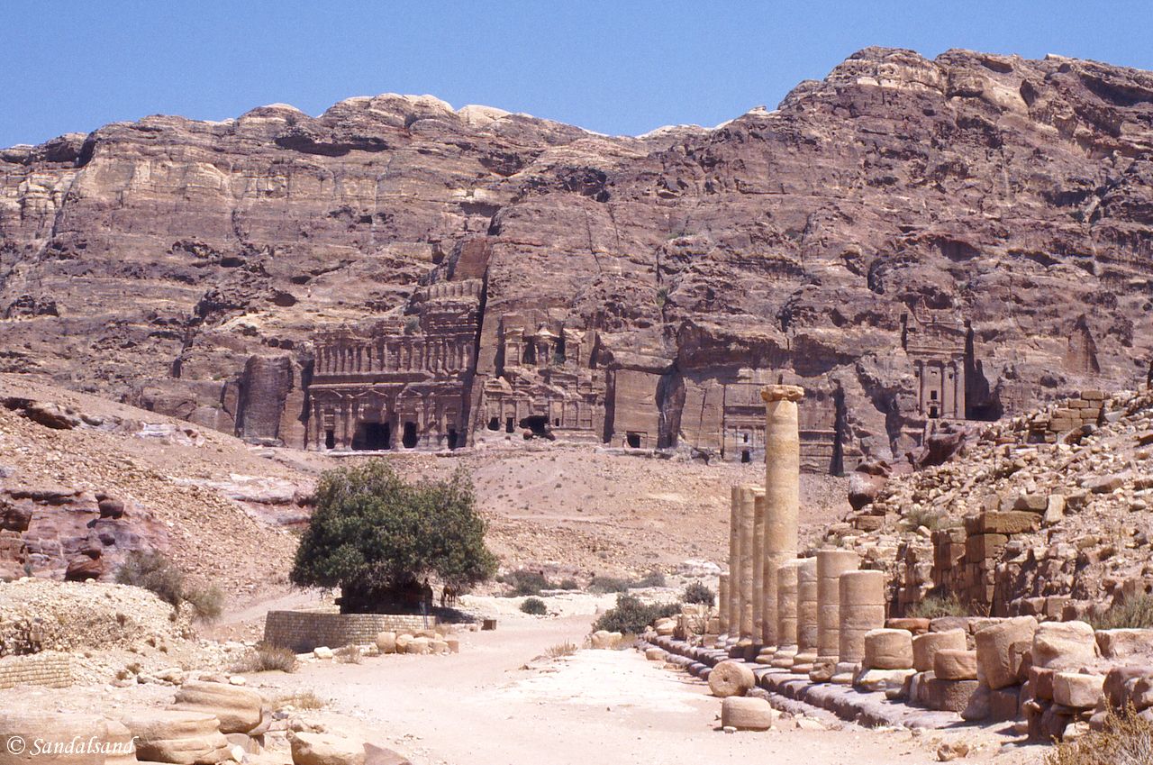Jordan - Petra - View towards the entrance, Roman ruins in the foreground Jordan - Petra - View towards the entrance, Roman ruins in the foreground