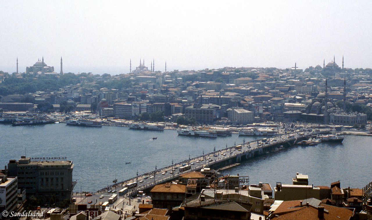 Turkey - Istanbul - The Galata Bridge across The Golden Horn, taken from the Galata Tower. The Blue Mosque is to the left Turkey - Istanbul - The Galata Bridge across The Golden Horn, taken from the Galata Tower. The Blue Mosque is to the left