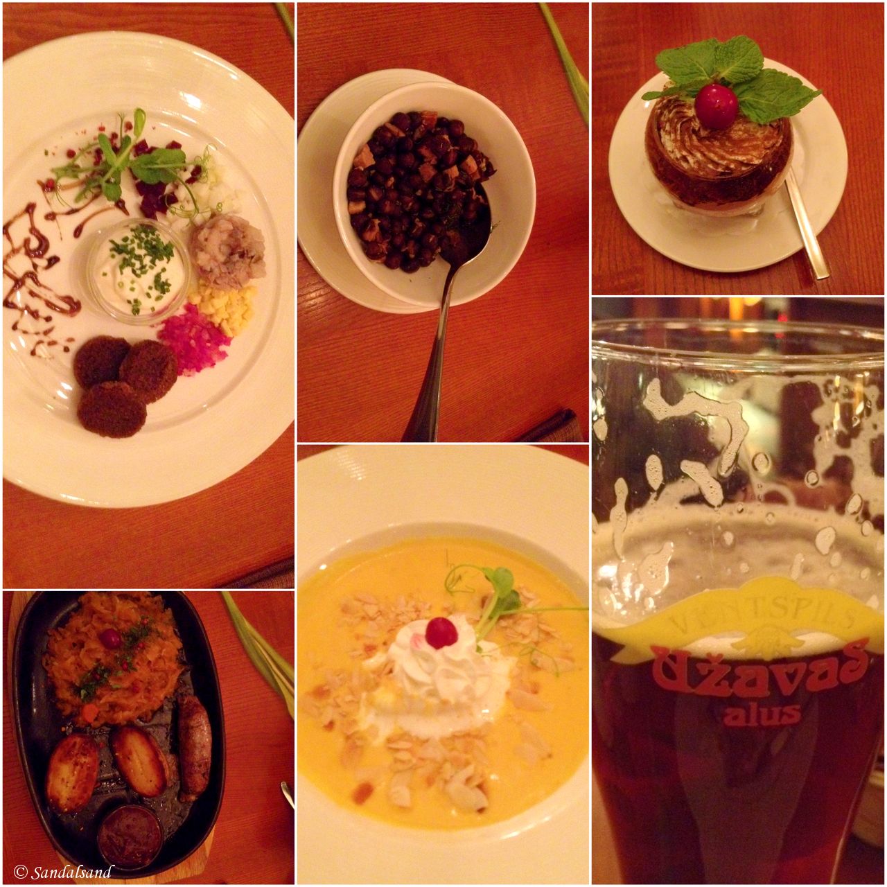 Latvia - Riga traditional meal with herring tartare, greys peas with smoked bacon, pumpkin soup, sausage and stewed cabbage, rye bread dessert, and dark beer Latvia - Riga traditional meal
