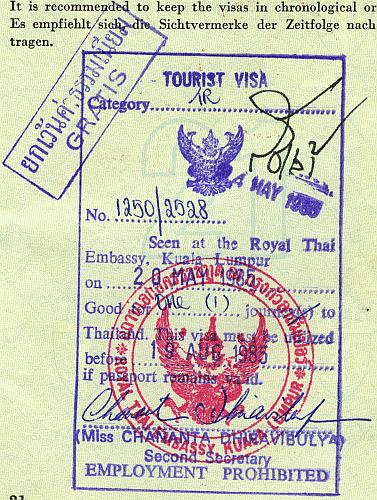 Thailand visa, 1985