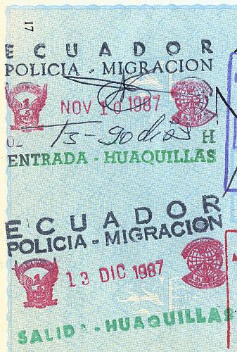 Ecuador entry and exit stamps, 1987