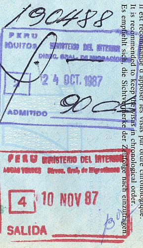 Peru entry and exit stamps, 1987 (1)